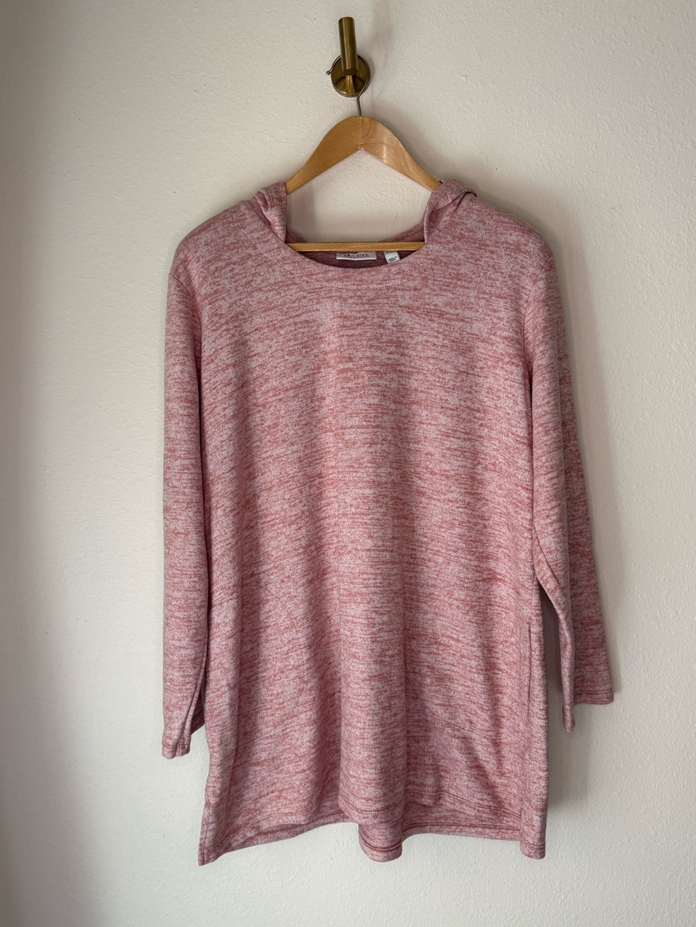 Denim & Company Pink Marled Hooded Tunic Top Long Sleeve size XL